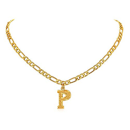 14K Gold Plated Initial Necklaces for Women Men A-Z Letter Necklaces | Figaro Chain, 16"+2" Adjustable Length, with Gift Box - style: P