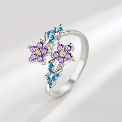 Adjustable Leaf Stackable Rings for Women Cubic Zirconia Stones Blue Leaves Purple Flower Open Band Stacking Finger Sliver Rings Fashion Plant Floral Aesthetic CZ Jewelry - color: flower leaf