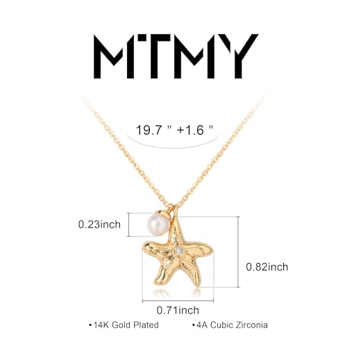 MTMY Gold Starfish Necklace 14K Gold Plated Shell Conch Ocean Pendant Necklace for Women Beach Summer Jewelry - style: starfish pearl 2