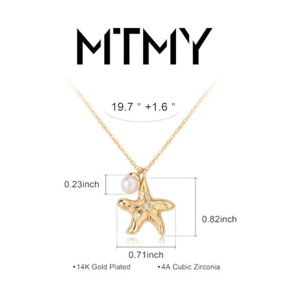 MTMY Gold Starfish Necklace 14K Gold Plated Shell Conch Ocean Pendant Necklace for Women Beach Summer Jewelry - style: starfish pearl 2