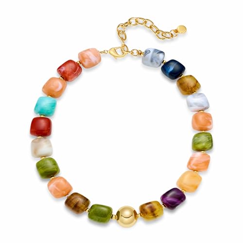 Multicolor Beaded Necklace,Chunky Cube Beaded Statement Necklace, Boho Resin Choker Necklace for Women,Lightweight & Cool, Suitable for Beach, Vacation, Daily Wear & Summer Parties - color: Colorful