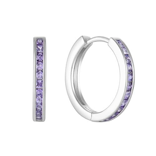Starchenie Huggie Hoop Earrings for Women 925 Sterling Silver Princess Cut Birthstones Jewelry Gift - color: 02-Amethyst-Feb