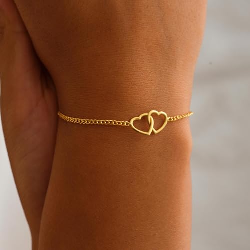 SLOONG 14K Gold Plated Pearl Bracelets for Women Trendy | Dainty Stackable Layered Chain Bridesmaid Bracelets, Waterproof Wedding Jewelry for Women Adjustable 6"+2" - color: Style9(Heart)