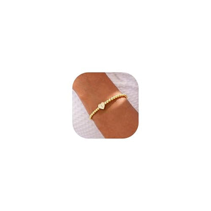 Beaded Bracelets for Women Dainty Beaded Heart Initial Bracelets Letter A-Z Charm Stretch Bead Ball Bracelet Trendy Jewelry Gifts - style: Gold-I