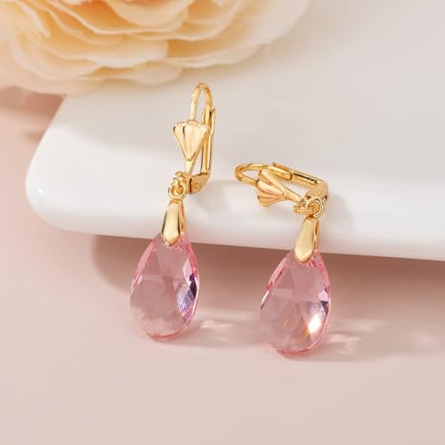 Austrian Crystal Teardrop Leverback Dangle Earrings for Women Fashion 14K Gold Plated Hypoallergenic Jewelry - color: Pink