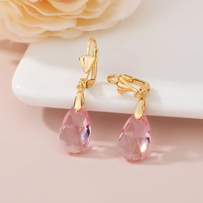 Austrian Crystal Teardrop Leverback Dangle Earrings for Women Fashion 14K Gold Plated Hypoallergenic Jewelry - color: Pink