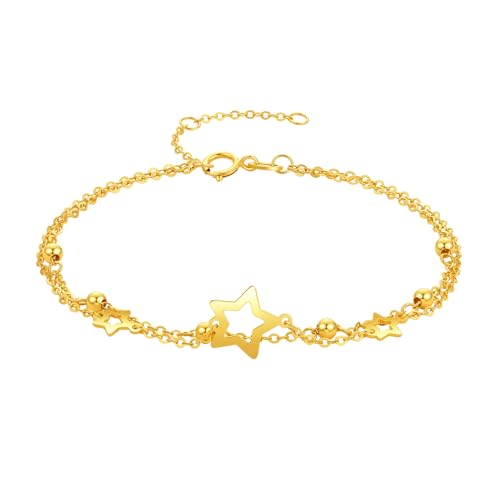 ZHOU LIU FU 18K Yellow Gold Charm Bracelet Hollow Heart Star Butterfly Charms Delicate Double Chain Bracelets Adjustable Cute Jewelry for Women Her Mom Daughter Birthday Anniversary 16+3cm/6.3-7.5" - style: Star