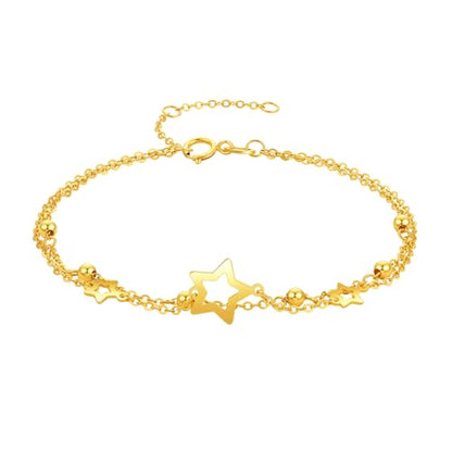 ZHOU LIU FU 18K Yellow Gold Charm Bracelet Hollow Heart Star Butterfly Charms Delicate Double Chain Bracelets Adjustable Cute Jewelry for Women Her Mom Daughter Birthday Anniversary 16+3cm/6.3-7.5" - style: Star