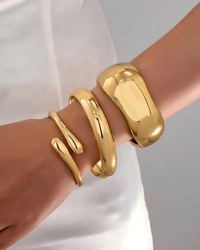 Chunky Gold Bangle Bracelets for Women, 14k Gold Plated Trendy Stackable Bangles Set, Dainty Cuff Bracelet Stack Jewelry for Gifts - color: Gold#A