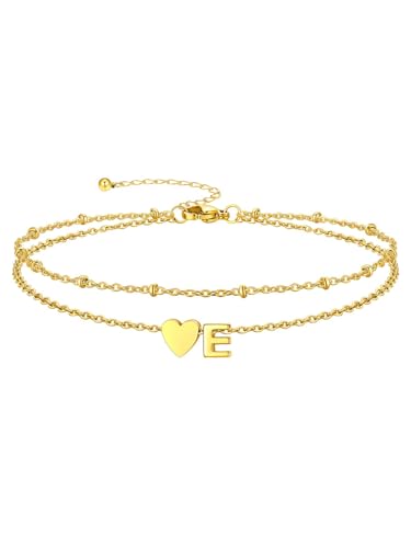 Ankle Bracelets for Women Waterproof 14K Gold/Silver/Black Initial Anklet for Women Dainty Layered Heart Ankle Bracelets Stainless Steel Adjustable Foot Chain Anklet Summer Beach Jewelry - color: E-Gold