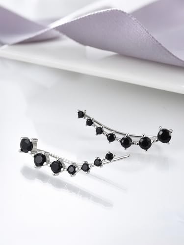 Black 7 Crystals Ear Cuffs Climber Earrings for Women Silver Plated Cartilage Crawler Cubic Zirconia CZ Hypoallergenic Piercing Earring Fashion Anniversary Birthday Jewelry Gifts
