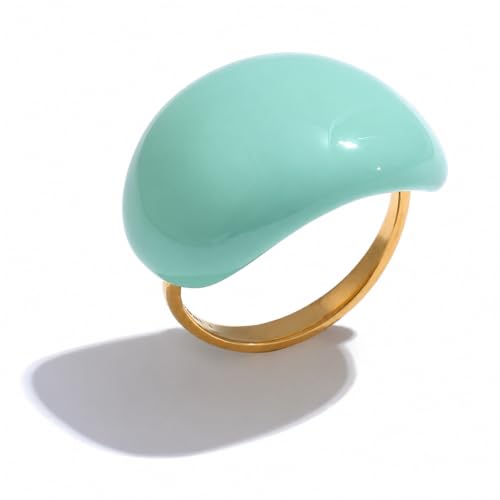 Mchic Chunky Rings for Women, Colorful Enamel Dome Statement Cocktail Ring | 18K Gold Plated Stainless Steel Adjustable Open Band, Puffy Bold Smooth Design for Thumb or Finger, Cute Fashion Jewelry Gift - color: Teal