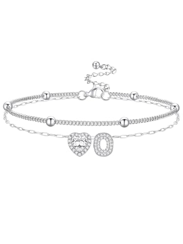 Bestyle Initial Anklet Bracelets for Women Waterproof Non Tarnish 14K Gold/White Gold Plated CZ Anklets for Women Dainty Layered Letter Heart Ankle Bracelets Adjustable Foot Chain Anklet - color: O