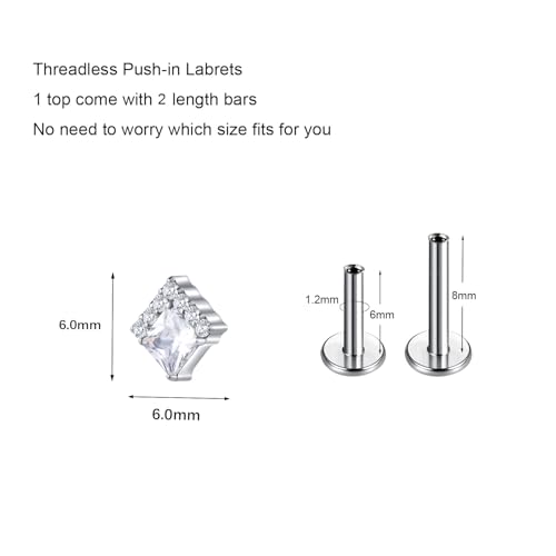 1pcs 16G 18G G23 Titanium Threadless Labret Studs Push-in Labret Lip Cluster Tragus Helix Conch Lobe Rook Cartilage Push Back Piercing Jewelry Earring - style: Square-clear