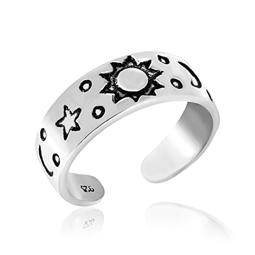 AeraVida .925 Sterling Silver Adjustable Toe Ring or Pinky Ring 5mm Wide Open Band, Stackable Minimalist Summer Foot Jewelry | Sun Moon Star Turtle Butterfly Leaf Olive Branch Ocean Wave Yin Yang Design - style: Celestial Sky 2
