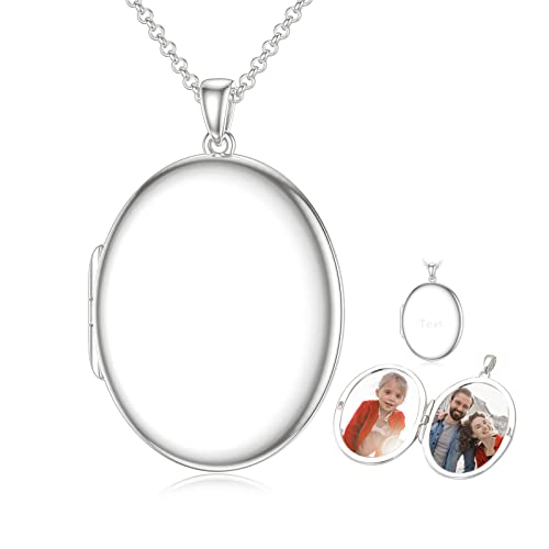 SOULMEET 10K 14K 18K Solid White Gold/Silver Minimalist Style/Infinity Sunflower Heart/Oval Locket Necklace That Holds 1 or 2 Pictures Personalized Photo Locket Necklace Letters Engraving - style: E2-White gold locket+photo+text