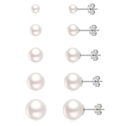 ToHeart 5 Pairs 14K Gold Silver Plated Pearl Stud Earrings for Women 3-7MM | Hypoallergenic Pearl Earrings Set Lightweight Cartilage Piercing Earrings Jewelry Gifts for Women - style: Silver