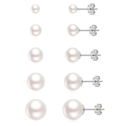 ToHeart 5 Pairs 14K Gold Silver Plated Pearl Stud Earrings for Women 3-7MM | Hypoallergenic Pearl Earrings Set Lightweight Cartilage Piercing Earrings Jewelry Gifts for Women - style: Silver