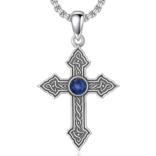 Cross Necklace for Men Women 925 Sterling Silver Cross Pendant Necklace Christian Religious Jewelry Gifts for Anniversary - color: 9-Celtic cross Lapis Lazuli