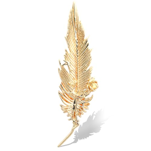 Small Rose Flower Feather Brooch Pin, Lapel Pin Men Women Suit | Classic Simple Metal Jewelry, Collar Shirt Clothes Blazer Coat Jacket Vest Hat Dress, Wedding Boutonniere, Velvet Pouch & Box - color: Gold
