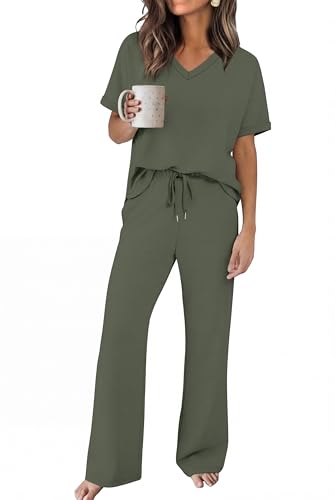 Sampeel Lounge Sets for Women V Neck Turn-UP Sleeves Tops Wide Leg Pants 2 Piece Sets Oversized Summer Vacation Outfits 2026 - color: Green, size: Medium
