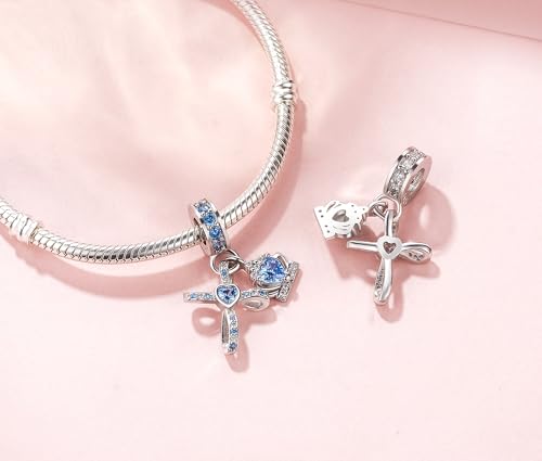 Silver Cross Birthstones Charm Fit for Pandora Charms Bracelet Crown Dangle Charms Beads Birthday Jewelry Gifts for Women - style: March