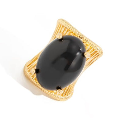 Geometric Open Ring, Adjustable Statement Rings with Non-Fading Hand-Marbled Resin Wide Band, Metallic Stripe Accent Finger - color: black