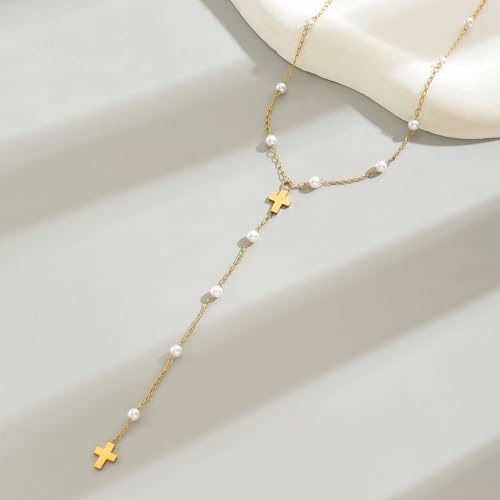 18K Gold Plated Minimalist Drop Y-Shaped Necklace for Women | Simple Lariat Necklace, Minimalist Everyday Jewelry,Y-Shaped Necklace - style: Y Pearl Cross-Gold