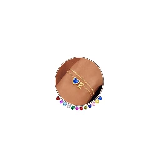 14K Gold Plated Heart Initial Birthstone Gold Bracelets for Women | Dainty Heart Letter A-Z Charm Layered Bracelets Birthday Trendy Jewelry Gifts for Women - color: E