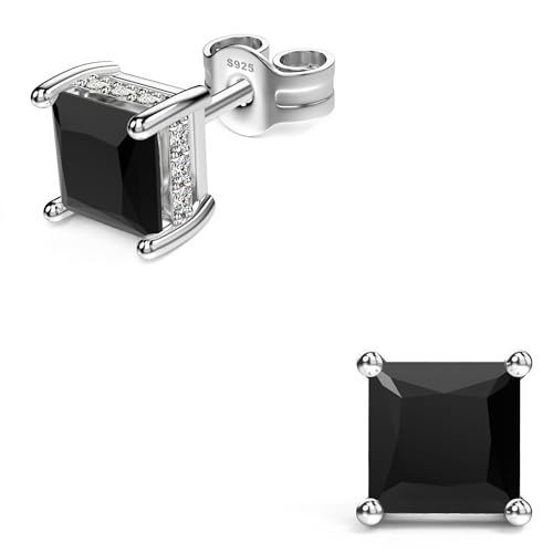 Princess Cut Cubic Zirconia Stud Earrings for Men Women | Square CZ Simulated Diamond Studs, 18K White Gold Plated Sterling Silver, Hypoallergenic - color: Black, size: 4MM