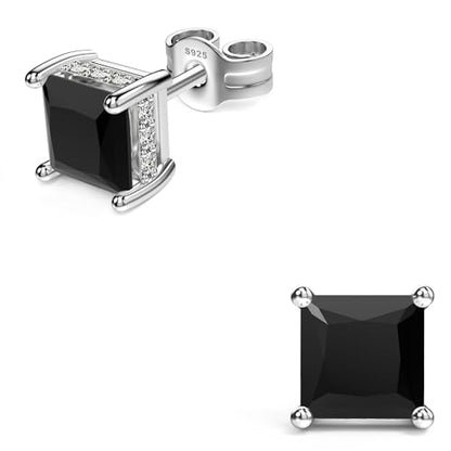 Princess Cut Cubic Zirconia Stud Earrings for Men Women | Square CZ Simulated Diamond Studs, 18K White Gold Plated Sterling Silver, Hypoallergenic - color: Black, size: 4MM