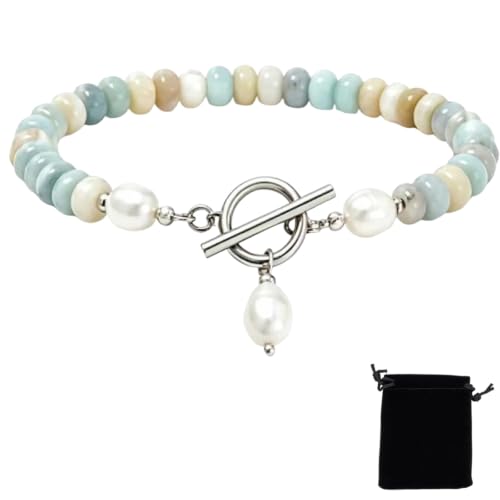Elova Turquoise Bead Pearl Bracelet, Dainty Handmade Beaded Jewelry | Dainty, Colorful Stackable, Boho Summer Beach, Toggle Clasp, Gift for Women - color: 1pc#Silver