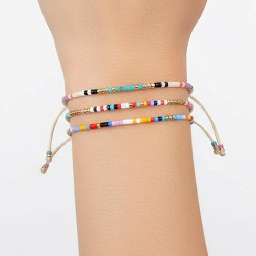 Seed Beaded String Rope Adjustable Bracelets Set for Women Men, Small Colorful Boho Rice 3Pcs Stack Handmade Thin Jewelry, Daily Beach Vacation Friendship Gift - color: Pink Yellow D