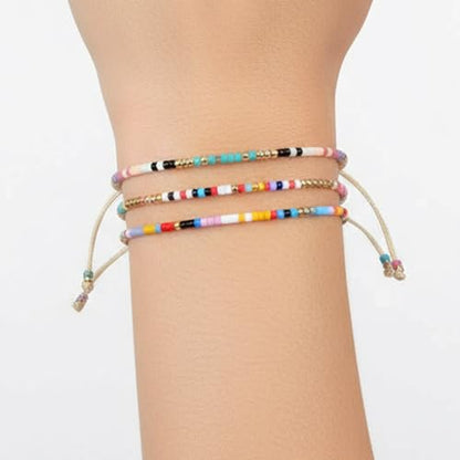Seed Beaded String Rope Adjustable Bracelets Set for Women Men, Small Colorful Boho Rice 3Pcs Stack Handmade Thin Jewelry, Daily Beach Vacation Friendship Gift - color: Pink Yellow D