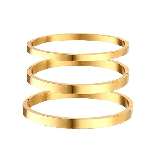 Gold Bangle Bracelets for Women, Trendy Dainty 14K Gold Plated Oval Bangles Bracelet for Women, Stackable Friendship Bracelets Love Bangle Christmas Birthday Gifts - color: Gold, size: 4mm+6mm+7mm Set