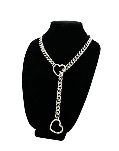 Heart O-ring Slip Chain Necklace For Women, Adjustable | Handmade Cuban Chain with Heart Rings, Adjustable Lariat Y-Necklace Design, Halloween or Christmas Gifting, Avoid Moisture