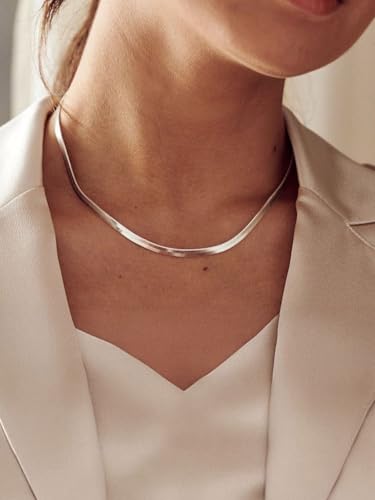 ChainsHouse Flat Snake Chain Herringbone Choker Necklace for Women, Stainless Steel/Rose Gold/18K Gold Plated Dainty Adjustable Simple Short Layered Necklaces, 12"/15"/18" with 3.5" Extender - color: a. stainless-5mm