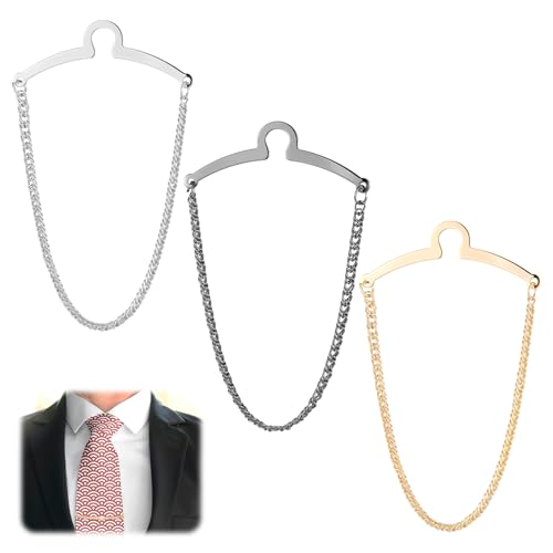 3 Packs Tie Chain Clip Fashion Necktie Chains Mens Suits Neckties Vests Accessories Elegant Tie Pins Tacks with Ring Clasp for Men Trouser Business Wear Wedding (Gold + Silver + Black)