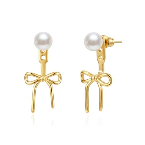 Pearl Earrings for Women 14k Gold/Silver Pearl Drop Earrings Long White Pearl Tassel Dangle Statement Earrings Bridal Wedding Dainty Prom Earrings Birthday Gifts Jewelry - color: Gold Bow Pearl Earrings