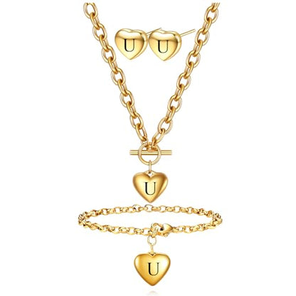 Women's 3 Pieces Heart Name Initial Necklace, Bracelet, Earrings, Jewelry Set Stainless Steel A-Z letters Jewelry Suits - color: Gold, size: U