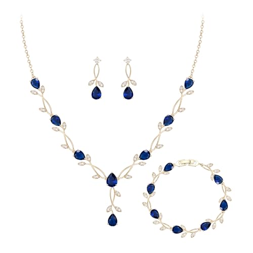 Crysdue Wedding Jewelry Set for Brides Bridesmaid, Cubic Zirconia Teardrop Marquise Leaf Cluster Pendant Necklace Bridal Tennis Bracelet Drop Earrings for Women Party Prom - style: A- CZ set-sapphire, gold
