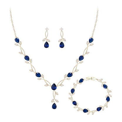 Crysdue Wedding Jewelry Set for Brides Bridesmaid, Cubic Zirconia Teardrop Marquise Leaf Cluster Pendant Necklace Bridal Tennis Bracelet Drop Earrings for Women Party Prom - style: A- CZ set-sapphire, gold