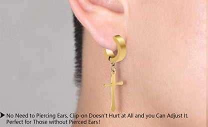 Non-pierced Earrings Set for Men Women Cross Titanium Steel Hoop Dangle Clip On Earring - style: set of 5 pairs