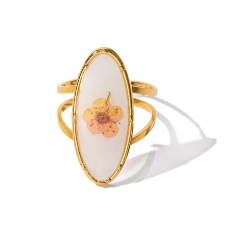 Hebelee Handmade Dried Flower Statement Ring for Women | Gold-Toned Stainless Steel,Adjustable,Pressed Blossom Forget-Me-Not Flowers Open Band Rings,Wedding Holiday Jewelry - color: Oval