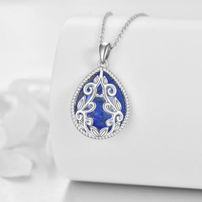 YAFEINI Teardrop Necklace Sterling Silver Filigree Irish Pendant Necklace Natural Stone Moonstone/Lapis Lazuli/Larimar/Moss Agate Necklace Jewelry - color: Lapis Lazuli Filigree Necklace