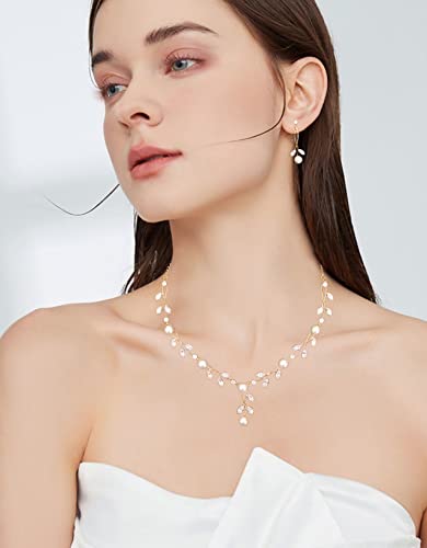 Luxury Cubic Zirconia Aurtrian Crystal Pearl Floral Necklace Dangle Earrings Wedding Bridal Jewelry Set Birthday Gifts for Her - color: Style2-Clear-Gold Plated