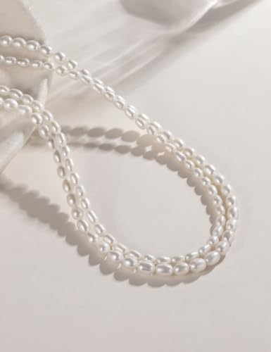 EAMTI Freshwater Cultured Pearl Necklace for Women, 3-4mm Dainty Pearl Beaded Choker, Classic Strand Necklace 16 Inch Layering Jewelry - color: 3-4mm-White
