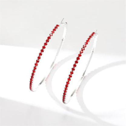 80mm Rhinestone Hoop Earrings for Women Sparkly Earrings Cubic Zirconia Circle Earring Exaggerated Prom Earring Large Rhinestones Round Hoop Earrings Silver Prom Jewelry for Party Wedding Birthday - color: Red