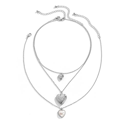 KnBoB 3 Layered Necklaces for Women, Layered Choker Necklaces for Women Adjustable Gold Plated Rolo Chain Necklace with Heart Pendant - color: White Gold