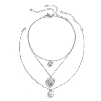KnBoB 3 Layered Necklaces for Women, Layered Choker Necklaces for Women Adjustable Gold Plated Rolo Chain Necklace with Heart Pendant - color: White Gold